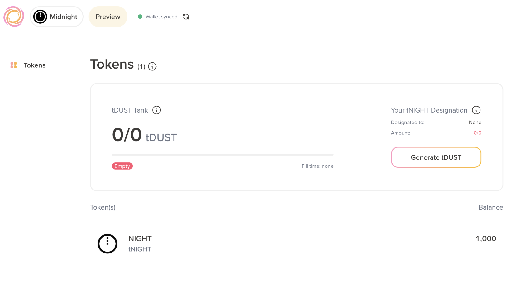 The Lace wallet tokens view with the Generate tDUST button